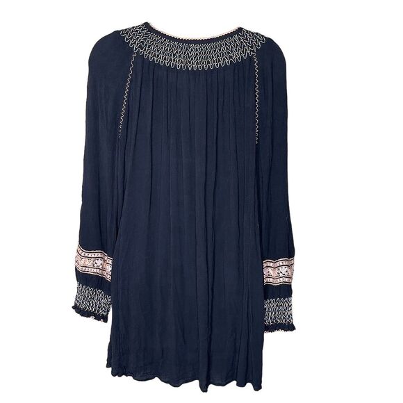 Free People Wind Willow Embroidered Boho V-Neck Tassel Mini Dress S Black - Picture 2 of 5